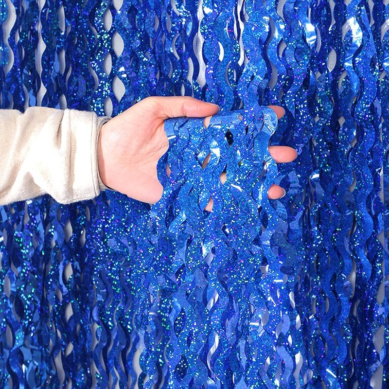 KEEUH 4 Pack 3.3 ft x 6.6 Wavy Sparkle Dark Blue Foil Fringe Backdrop Curtain - Navy Blue Streamer Backdrop Tinsel Curtains for Door Streamers Ocean Birthday Party Decorations Disco Party - Image 1